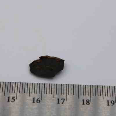 Closeup of basaltic glass flake with ruler: A small, dark basaltic glass flake is positioned beside a ruler on a white surface, measuring approximately 2 centimeters.