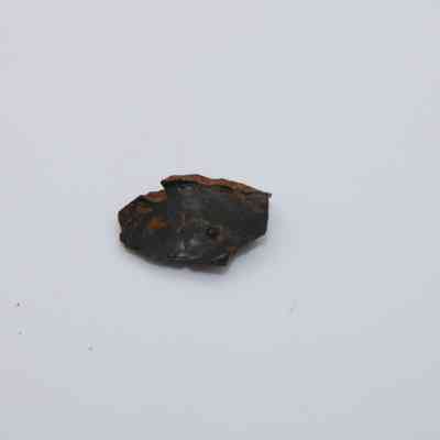 Closeup of basaltic glass flake: The image shows a dark, shiny flake of basaltic glass against a plain white background.