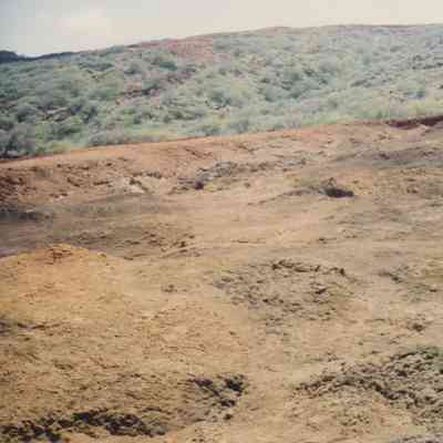 Hardpan terrain with ocean in background