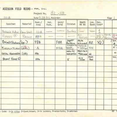 Artifact Accession Field Record-Site 111A pg 2: The image shows an artifact accession field record detailing various specimens, materials, and associated data like depth and location.