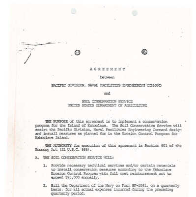 PDF copy of Agreement between Pacific Division, Naval Facilities Engineering Command and Soil Conservation Service, United States Dept of Agriculture: The document is an agreement between Naval Facilities and Soil Conservation for conservation on Kaho'olawe.