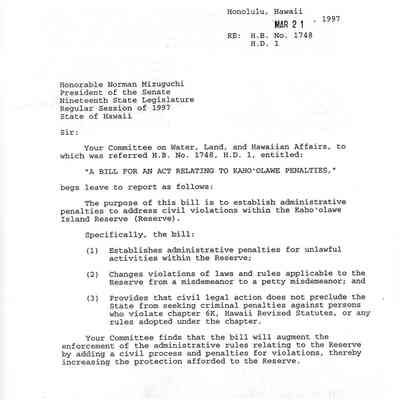 Standing Committee Report No. 1117 re H.B. No. 1748, H.D. 1, A Bill for an Act Relating Kaho'olawe Penalties