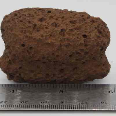 Extreme closeup of the profile of a breadloaf sinker: The image shows a breadloaf sinker, characterized by its rugged, porous texture, resembling a loaf of bread, with a ruler for scale beneath