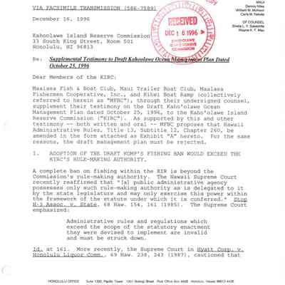Supplemental Testimony to Draft Kahoolawe Ocean Management Plan Dated October 25, 1996