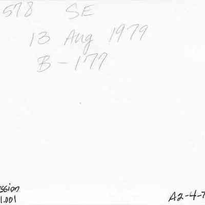 Back of photo for Site 578 #22: The image shows handwritten notes with details like "Site 578 SE," "13 Aug 1979," and "B-177," along with accession numbers.