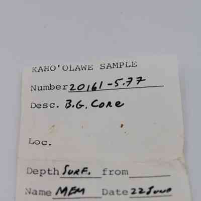 Artifact slip for basaltic glass core: The image shows an artifact slip labeled "Kaho'olawe Sample" with a number, description, location, date, and other details.