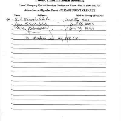 Draft Kaho'olawe Ocean Management Plan Public Informational Meeting Attendance Sign-In Sheet-12/3/1996