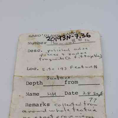 Artifact slip for adze fragments: The image is of an artifact slip detailing a sample from Kaho'olawe, with notes about a polished adze, collected from site 193.