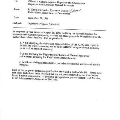 Memorandum to Gilbert S. Coloma-Agaran, Deputy to the Chairperson, Department of Land and Natural Resources from R. Keoni Fairbanks, Executive Director, Kaho'olawe Island Reserve Commission re: Legislative Proposal Submittal.