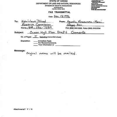 Fax Transmittal form from State of Hawaii, Department of Land and Natural Resources, Division of Aquatic Resources to Kaho'olawe Island Reserve Commission