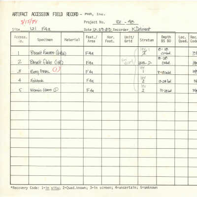 Artifact Accession Field Record