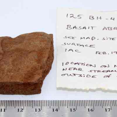 Basalt abrader with artifact slip: Origsize: 6 cm (l) x 5 cm (w); Origformat: Artifact; Resolution: 200 dpi
