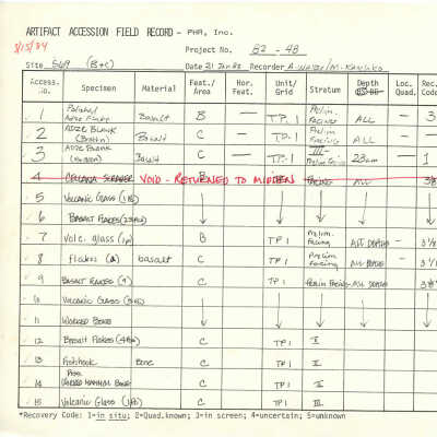 PDF version of Artifact Accession Field Record for Site 569 (B & C): The image depicts an artifact accession field record with handwritten entries and details about various specimens, including basalt flakes, volcanic glass, and bones.