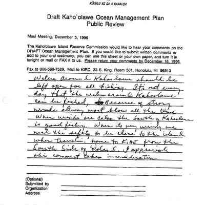 Anonymous Comments regarding Draft Kaho'olawe Ocean Management Plan