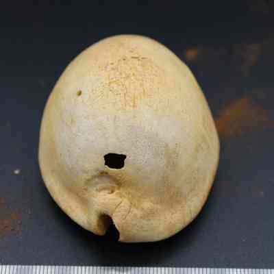 Closeup end view of shell lure and ruler: The image shows a shell lure with a hole, positioned on a dark surface next to a ruler indicating measurements.