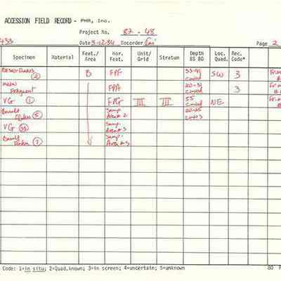 Page 2 of artifact accession field record for Site 433: The image shows an Artifact Accession Field Record detailing accessions, materials, features, depths, and recovery codes.