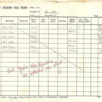 Page 3 of artifact accession field record for Site 433: The image shows an artifact accession field record with columns for specimen data, including material, depth, and recovery code.