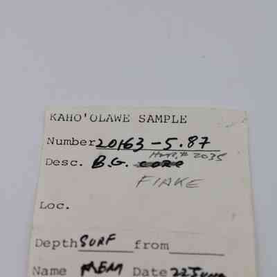 Artifact slip for basaltic glass flake: The image shows a Kaho'olawe Sample artifact slip with handwritten details like number, description, depth, and date.