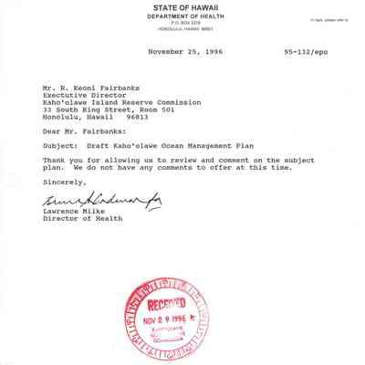 Letter from Lawrence Miike, Director of Health, to Mr. R. Keoni Fairbanks, Executive Director, Kaho'olawe Island Reserve Commissoin
