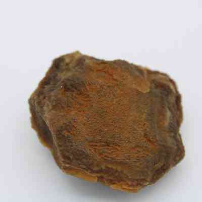 Closeup of agate core: This image depicts an agate core, featuring a rough, textured surface with earthy brown and orange hues, set against a plain white background.