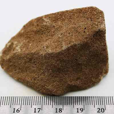 Pumice file with ruler: The image shows a brown pumice stone resting on a surface with a ruler beneath, highlighting its porous texture and irregular shape.