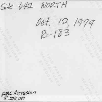 Back of midden scatter photo (KIRC Object ID #2011.001.198): The image shows handwritten notes on a photographic paper, labeled "Site 642 NORTH #37," dated October 12, 1979.