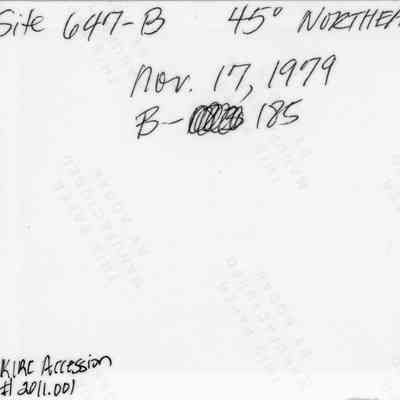 Back of habitation terrace photo (KIRC Object ID #2011.001.187): The image shows handwritten text with details: "Site 647-B, 45° Northeast #3," dated "Nov. 17, 1979."