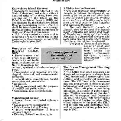 Draft Kaho'olawe Ocean Management Plan Synopsis, November 1996
