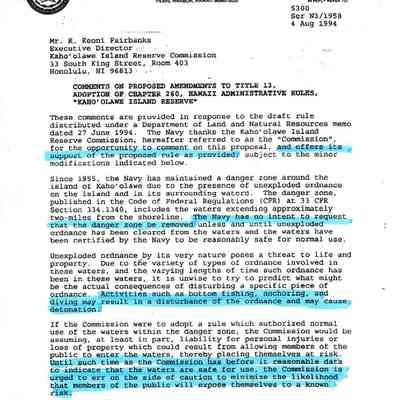 Faxed copy of letter to Mr. R. Keoni Fairbanks from C.M. Benn