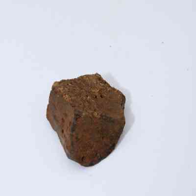 Closeup of basaltic glass core: The image shows a rough piece of basaltic glass core, featuring a brown, porous texture against a plain, white background surface.
