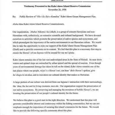 'Ahahui Malama i ka Lokahi, Testimony Presented to the Kaho'olawe Island Reserve Commission, November 26, 1996