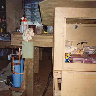 Wooden shelving, filters and tools