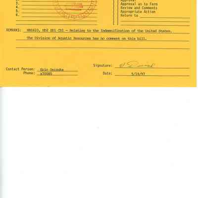 Routing slip regarding HB1610 HD2 SD1 CD1-Relating to the Indemnification of the United States