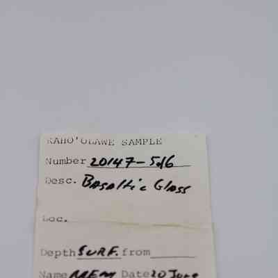 Artifact slip for basaltic glass core: The image shows an artifact slip for a basaltic glass sample, numbered 20147-5.16, dated June 20, 1977.