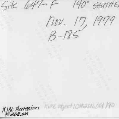 Back of cairn photo (KIRC Object ID #2011.001.190): The image contains handwritten notes specifying site 647-F, southeast 140°, dated November 17, 1979, with various identifiers.