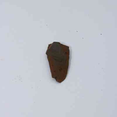 Basaltic glass flake: A single brownish basaltic glass flake rests on a plain white background, showcasing its smooth and uneven surface texture.