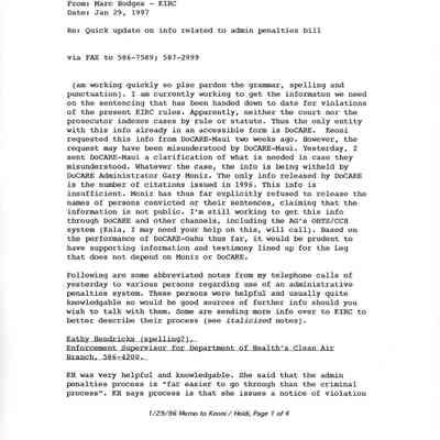 Fax memo to Keoni Fairbansk and Heidi Meeker-KIRC; Kala Enos-AG from Marc Hodges-KIRC
