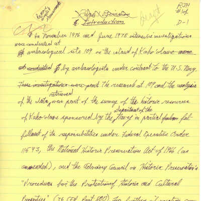 PDF copy of the first page of handwritten introduction to a paper about Kaho'olawe Site 109: The image shows a handwritten document on yellow lined paper, detailing archeological investigations conducted between November 1976 and June 1978.