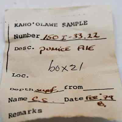 Artifact slip for pumice file: The image shows an artifact slip labeled "Kaho'olawe Sample" with details like a sample number, description of "pumice file."