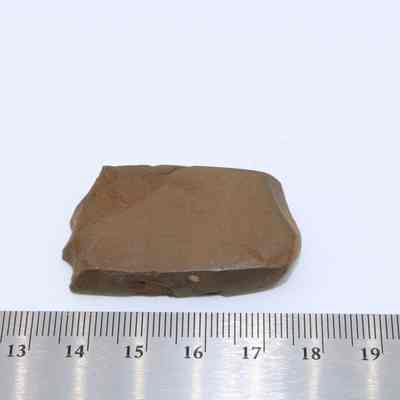 A polished flake with metal ruler: A polished stone flake is placed on a white surface alongside a metal ruler, indicating its size and dimensions.