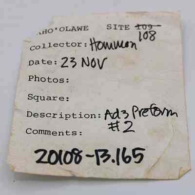 Artifact slip for adze preform #2: Origsize: 11 cm x 3.75 cm; Origformat: Artifact; Resolution: 200 dpi