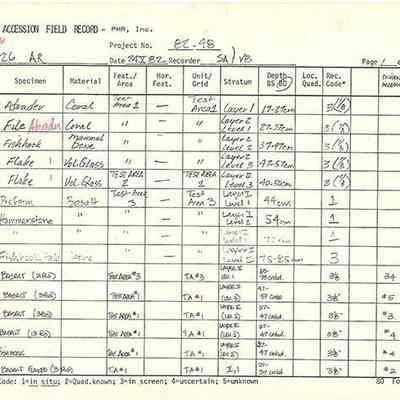 Artifact Accession Field Record