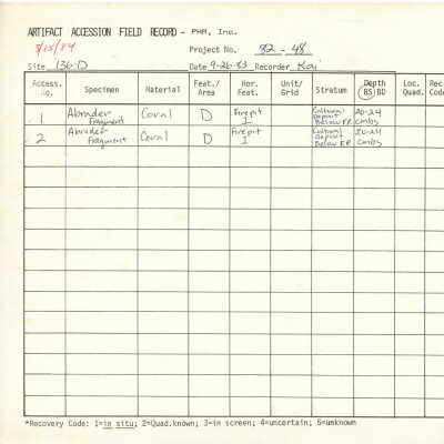 Artifact Accession Field Record for Site 136 Feature D: The image shows an artifact accession field record with entries related to coral fragments.