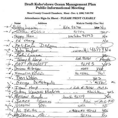 Draft Kaho'olawe Ocean Management Plan Public Informational Meeting Attendance Sign-In Sheet, Maui County Council Chambers, Maui-Dec. 4, 1996