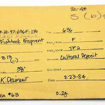 Artifact envelope for makau (fish hook) fragment: This is a yellow artifact envelope detailing a fishhook fragment specimen. It includes information such as accession number, recovery details, location found, unit/grid.