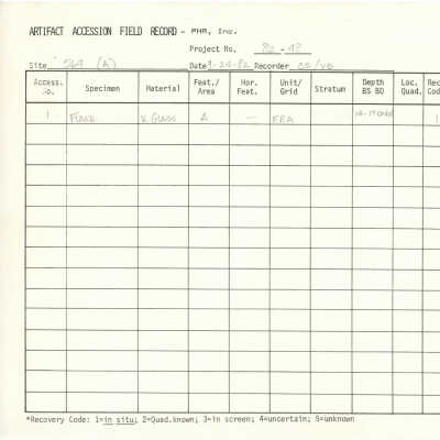 Artifact Accession Field record for Site 569A: The image shows an artifact accession field record form, documenting a glass flake found at site 569, marked with project number 82-48,