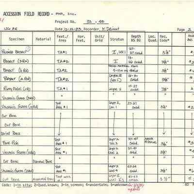Artifact Accession Field Record-Site 126AR pg 2: The image shows an artifact accession field record with detailed entries on various specimens, materials, locations, and recovery details.
