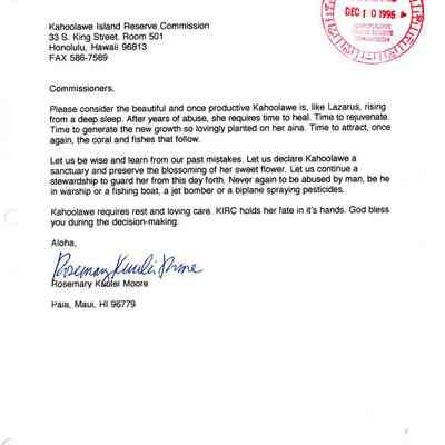 Letter from Lance W. Holter to the Kaho'olawe Island Reserve Commission