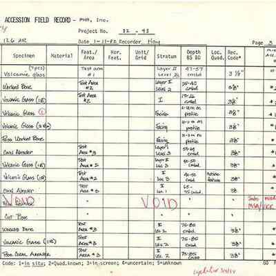 Artifact Accession Field Record-Site 126AR pg 3: The image shows an artifact accession field record detailing various specimens, including volcanic glass and bones, with specific data like location, depth, and recovery codes.