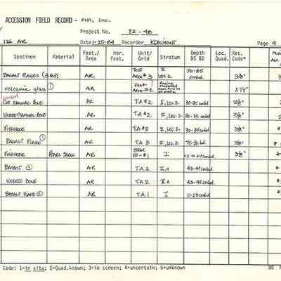 Artifact Accession Field Record-Site 126AR pg 4: The image shows a detailed artifact accession field record, listing specimens, materials, and their excavation details, including depth and recovery codes.
